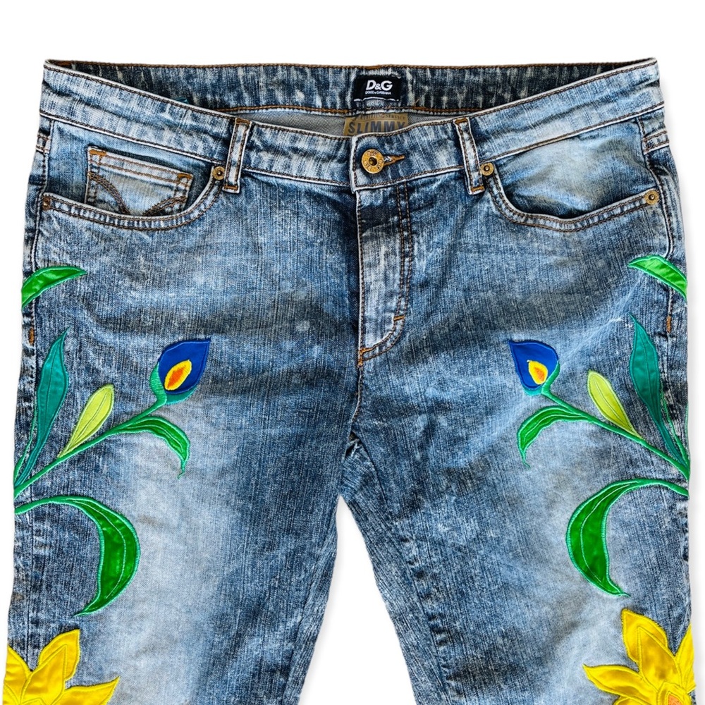 VINTAGE Y2K D&G Distressed Baggy Floral Summer Iris Embroidery Blue Jeans 32 L